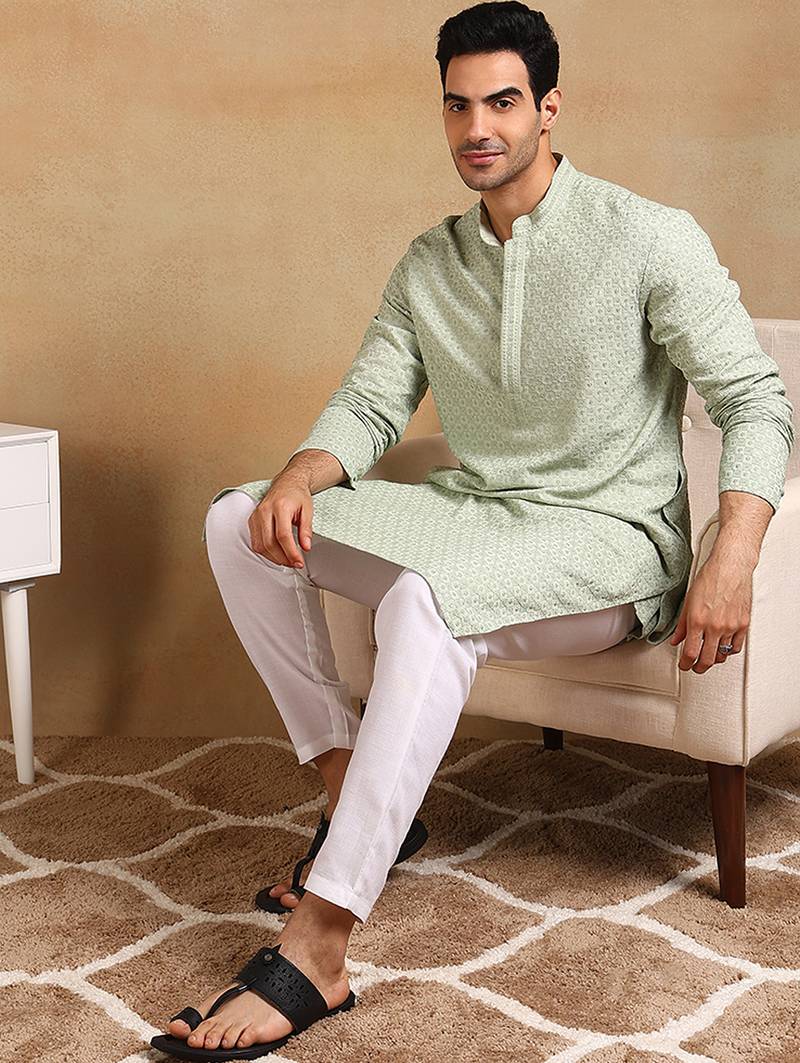 Men green viscose rayon solid embroidered straight kurta