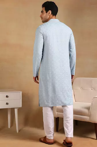 blue viscose rayon straight kurta with embroidered detail