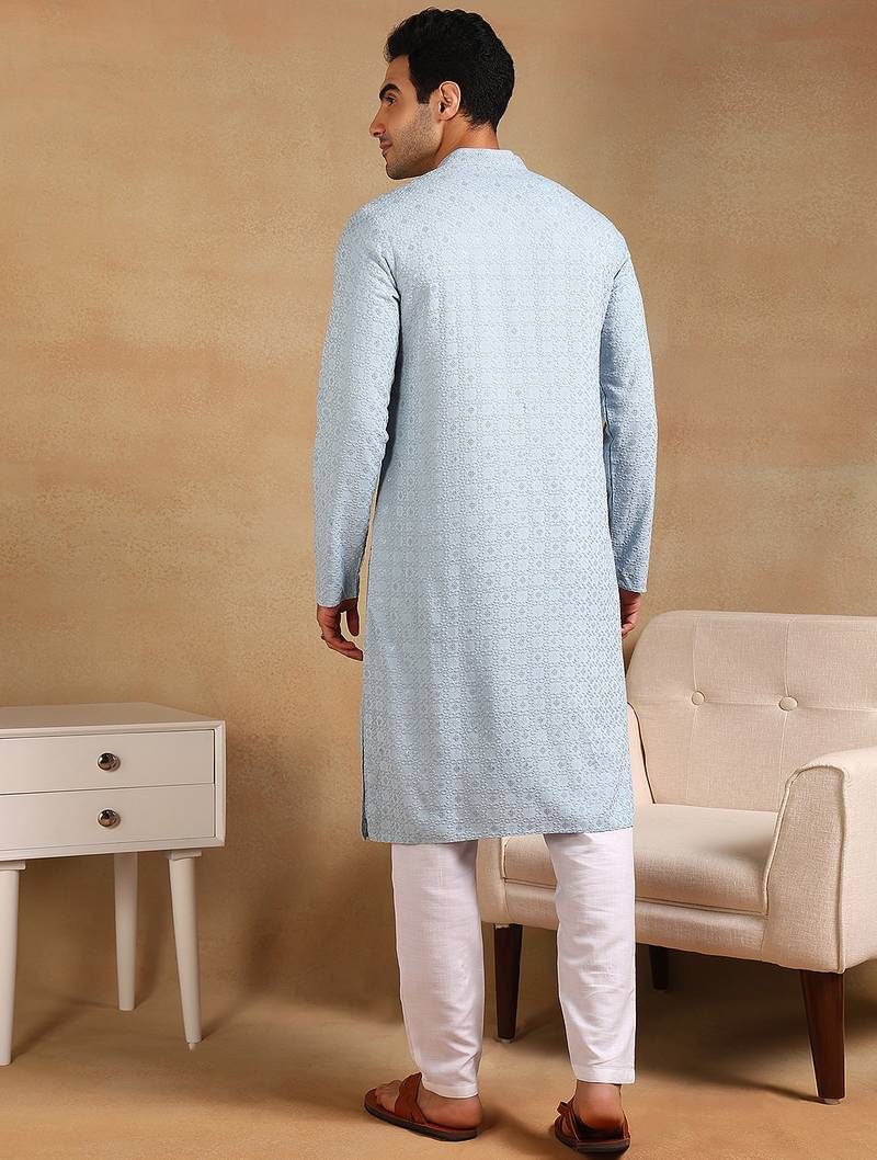 Men blue viscose rayon solid embroidered straight kurta