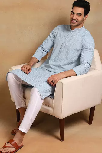 blue viscose rayon straight kurta with embroidered detail