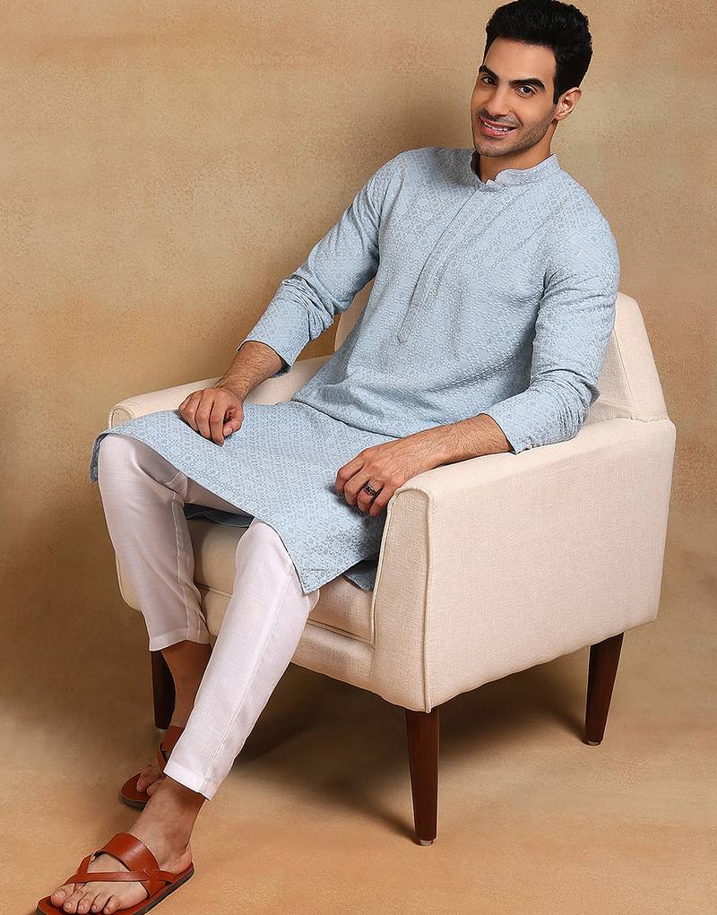 Men blue viscose rayon solid embroidered straight kurta