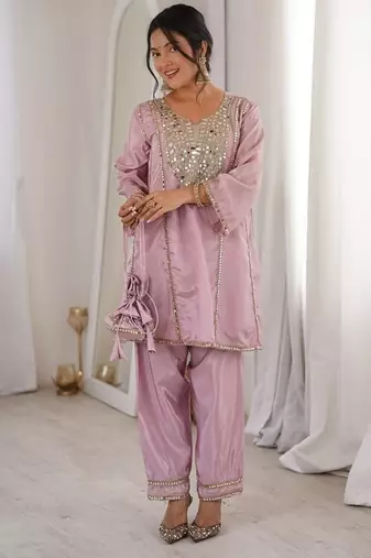 Pink h o fabric real mirror work co-ord set