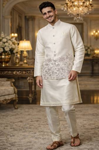 Off white color embroidery sequence work slub silk kurta koti pant set