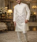 Off white color embroidery sequence work slub silk kurta koti pant set