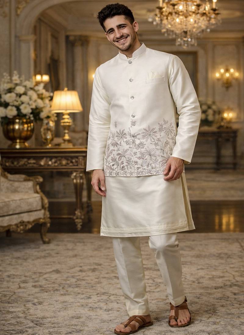 Off white color embroidery sequence work slub silk kurta koti pant set