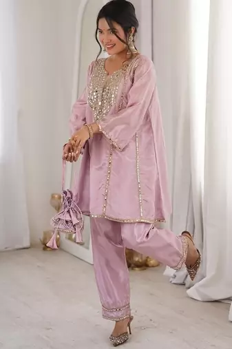 Pink h o fabric real mirror work co-ord set