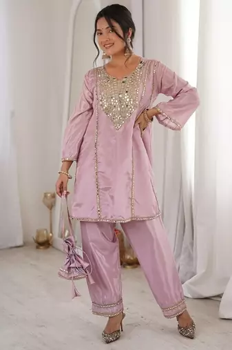 Pink h o fabric real mirror work co-ord set