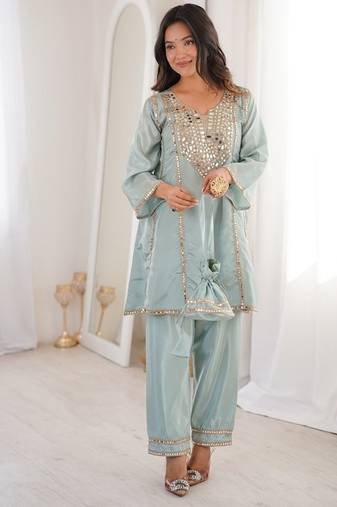 Skyblue h o fabric real mirror work co-ord set