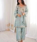 Skyblue h o fabric real mirror work co-ord set