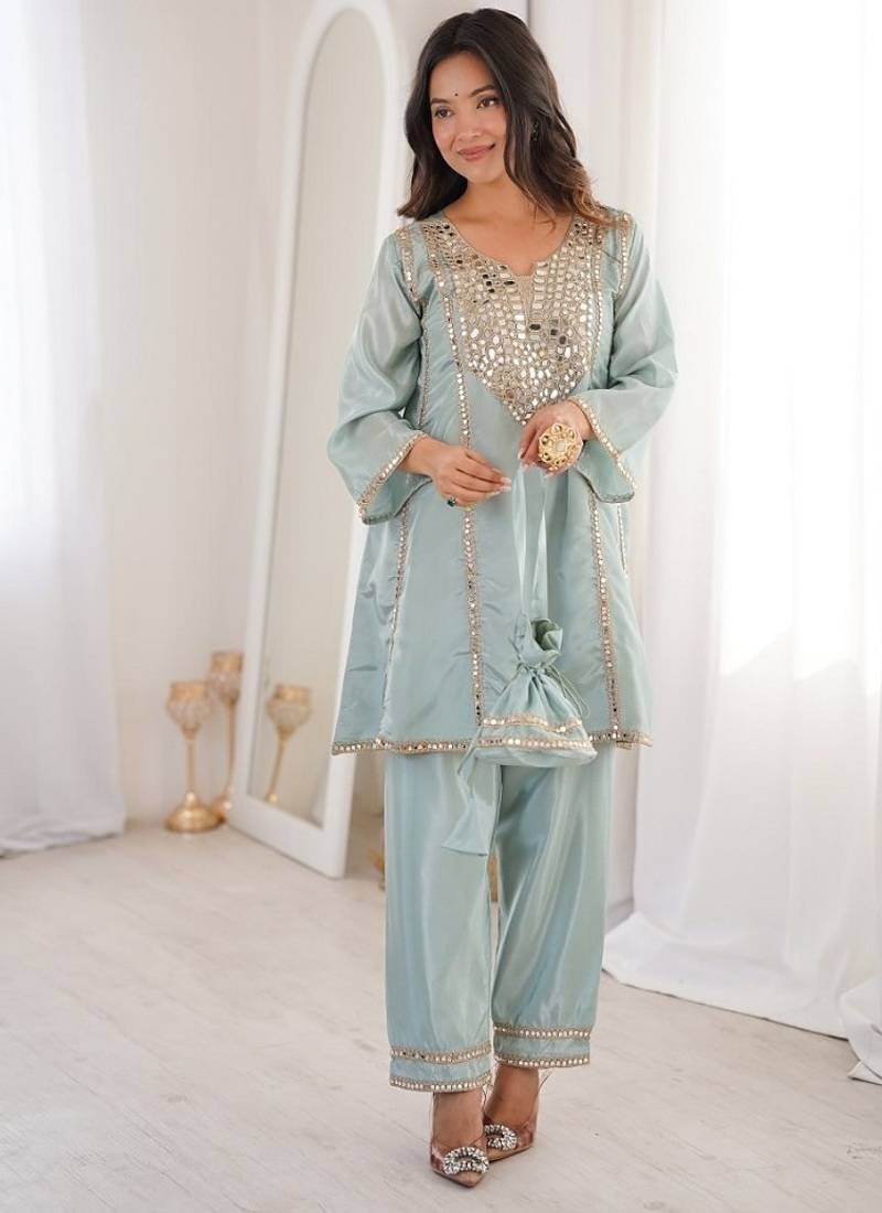 Skyblue h o fabric real mirror work co-ord set