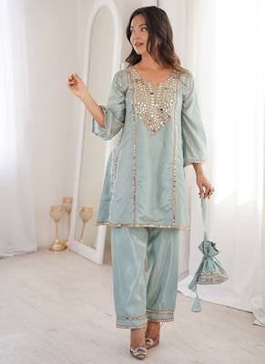 Skyblue h o fabric real mirror work co-ord set 2