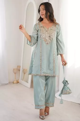 Skyblue h o fabric real mirror work co-ord set