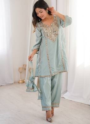 Skyblue h o fabric real mirror work co-ord set 3