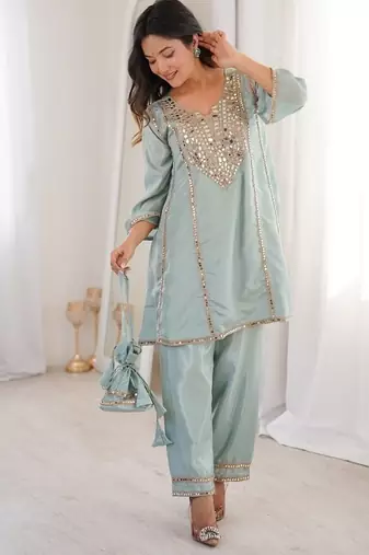 Skyblue h o fabric real mirror work co-ord set