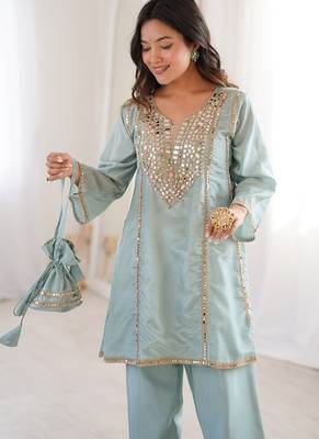 Skyblue h o fabric real mirror work co-ord set 4