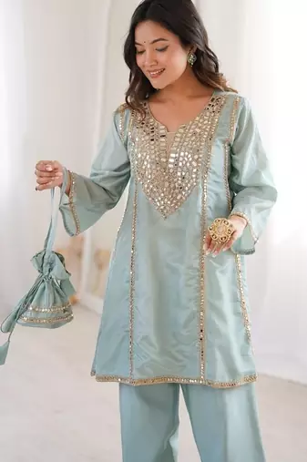 Skyblue h o fabric real mirror work co-ord set