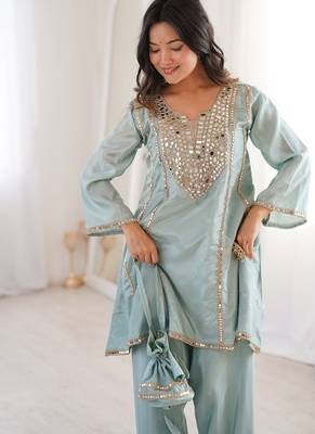 Skyblue h o fabric real mirror work co-ord set 5
