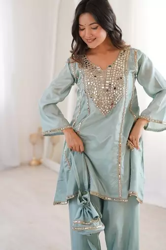 Skyblue h o fabric real mirror work co-ord set