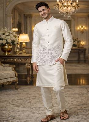 off white silk blend kurta koti set with floral embroidery 4