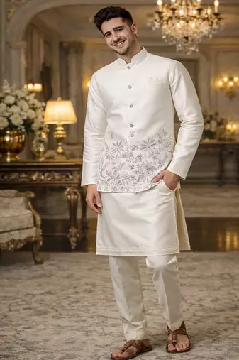 off white silk blend kurta koti set with floral embroidery