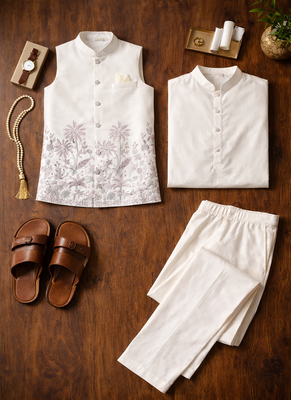 off white silk blend kurta koti set with floral embroidery 5