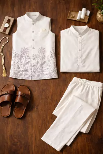 off white silk blend kurta koti set with floral embroidery