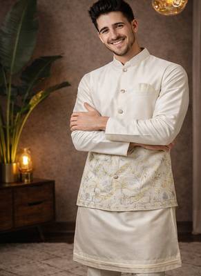 off white silk kurta koti set with sequins work 2