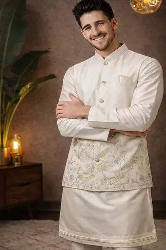 off white silk kurta koti set with sequins work
