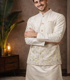 Off white color embroidery sequence work slub silk kurta koti pant set