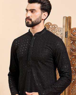 Mens black viscose rayon solid embroidered ethnic straight sequins kurta 5