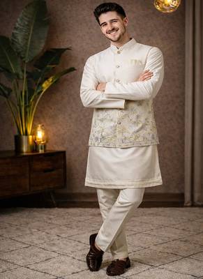 off white silk kurta koti set with sequins work 3