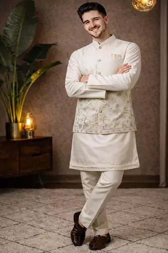 off white silk kurta koti set with sequins work