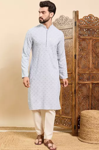 Mens blue viscose rayon solid embroidered ethnic straight chikankari kurta