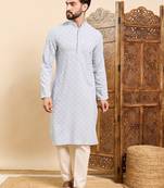 Mens blue viscose rayon solid embroidered ethnic straight chikankari kurta
