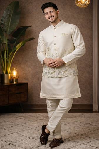 Off white color embroidery sequence work slub silk kurta koti pant set