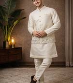 Off white color embroidery sequence work slub silk kurta koti pant set