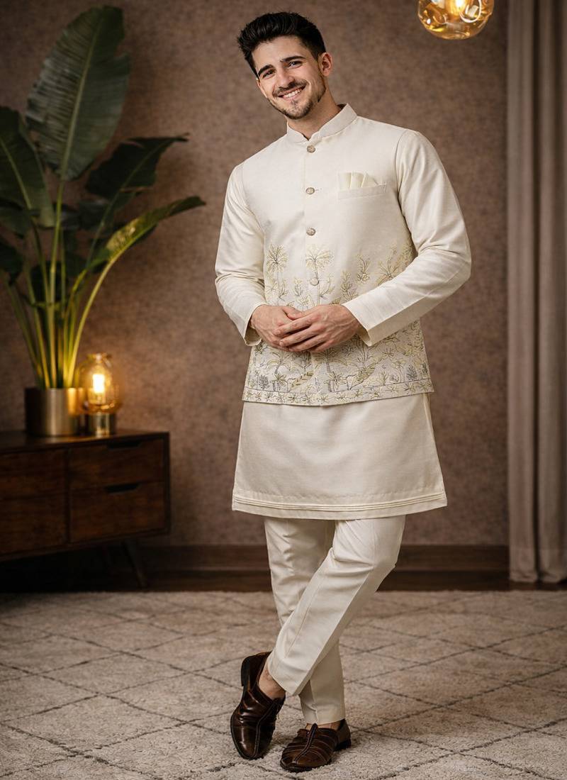 Off white color embroidery sequence work slub silk kurta koti pant set