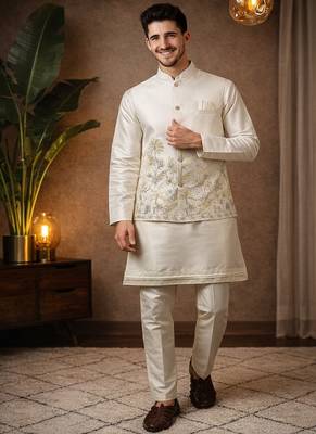 off white silk kurta koti set with sequins work 4