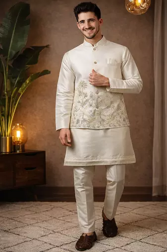 off white silk kurta koti set with sequins work