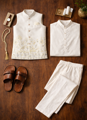 off white silk kurta koti set with sequins work 5