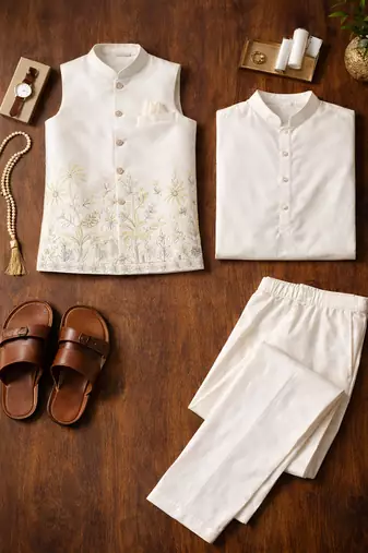 off white silk kurta koti set with sequins work