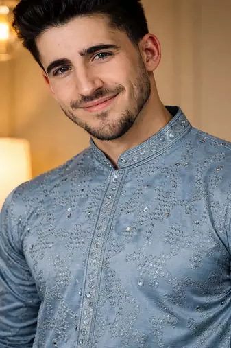blue khadi cotton kurta pajama with embroidered work
