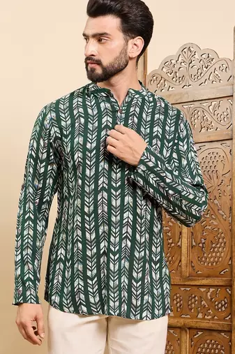 Mens green viscose rayon chevron printed ethnic straight short kurta