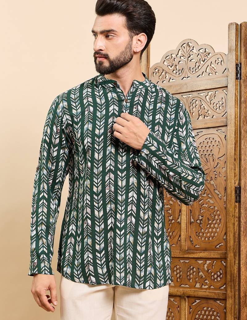 Mens green viscose rayon chevron printed ethnic straight short kurta