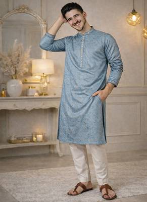 blue khadi cotton kurta pajama with embroidered work 3