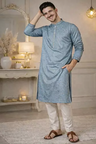 blue khadi cotton kurta pajama with embroidered work