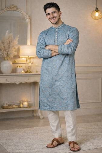 Blue color embroidery mirror work khadi cotton kurta payjama set