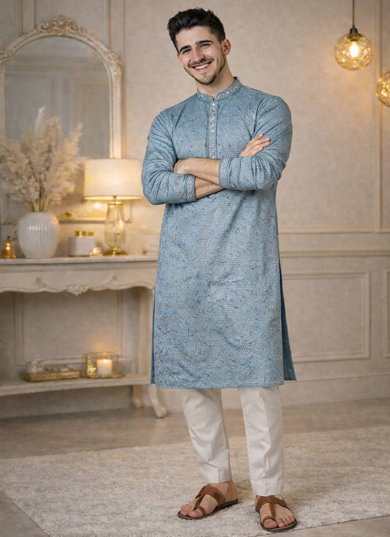 Blue color embroidery mirror work khadi cotton kurta payjama set