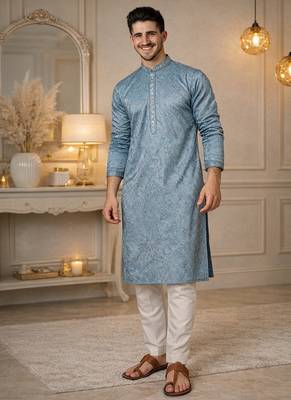 blue khadi cotton kurta pajama with embroidered work 4