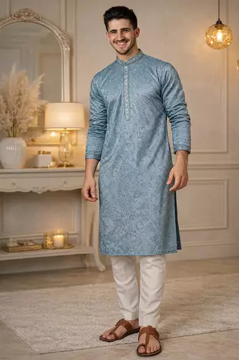 blue khadi cotton kurta pajama with embroidered work